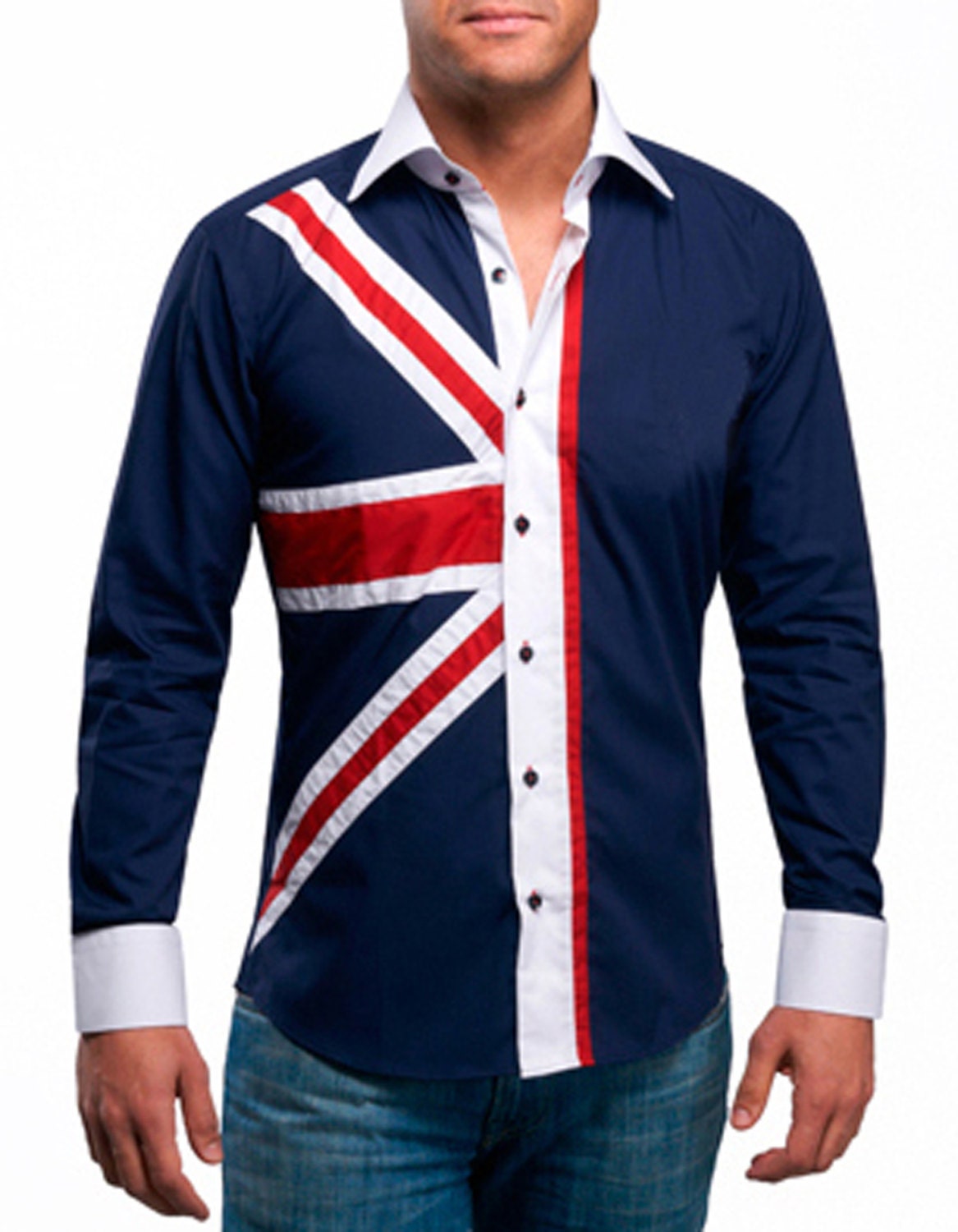 Men's Union Jack Formal Shirt Men Italian Shirt Designer Great Quality Slim Fit Navy 10036