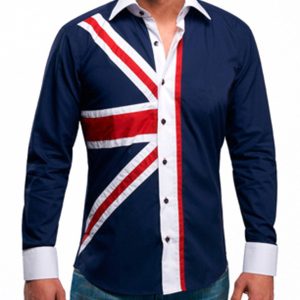 Men's Union Jack Formal Shirt Men Italian Shirt Designer Great Quality Regular Fit Navy 10036