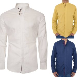 Men's Linen Blend Shirt Designer Great Quality Slim Fit White Brown