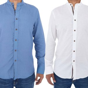 Men's Linen Blend Shirt Designer Great Quality Slim Fit Blue White