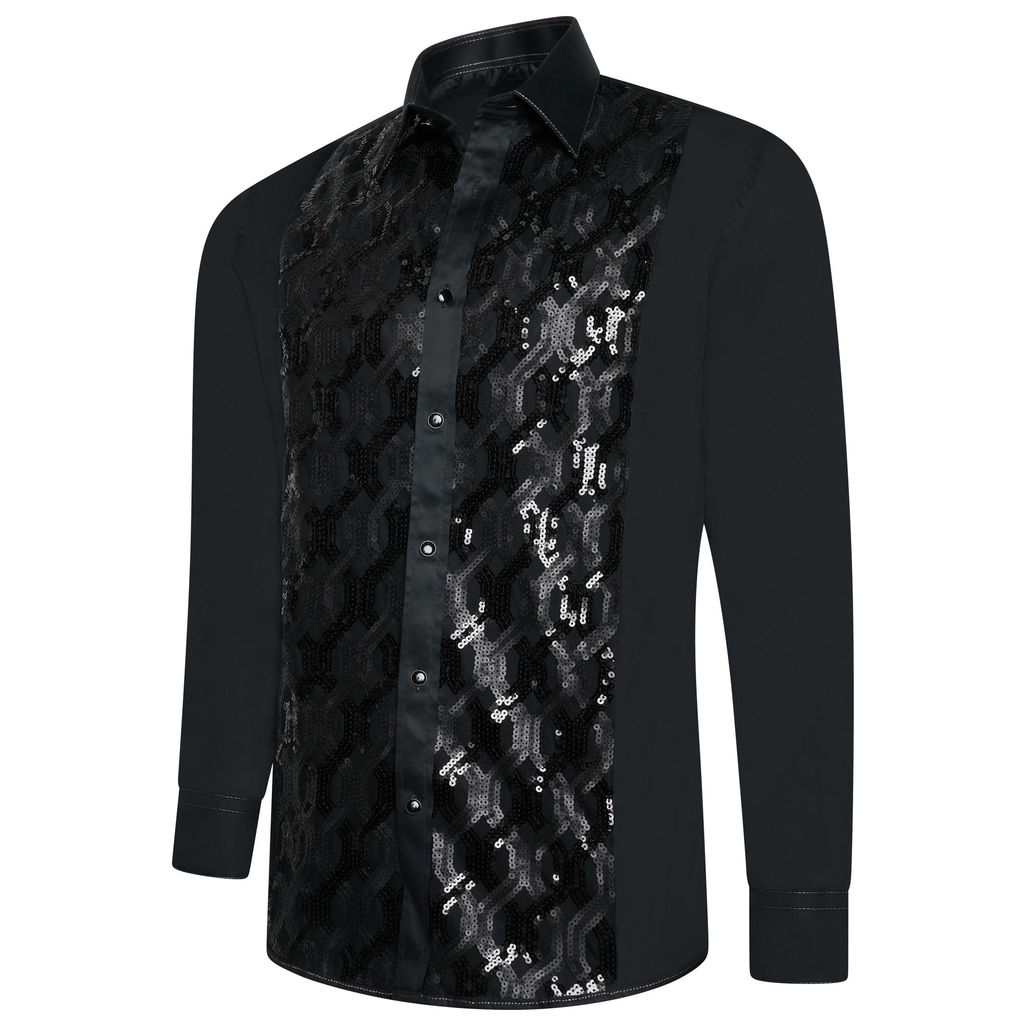 Men's Black Formal Shirt Men Designer Great Quality Slim Fit Sequin Party Wedding Night Ceremony