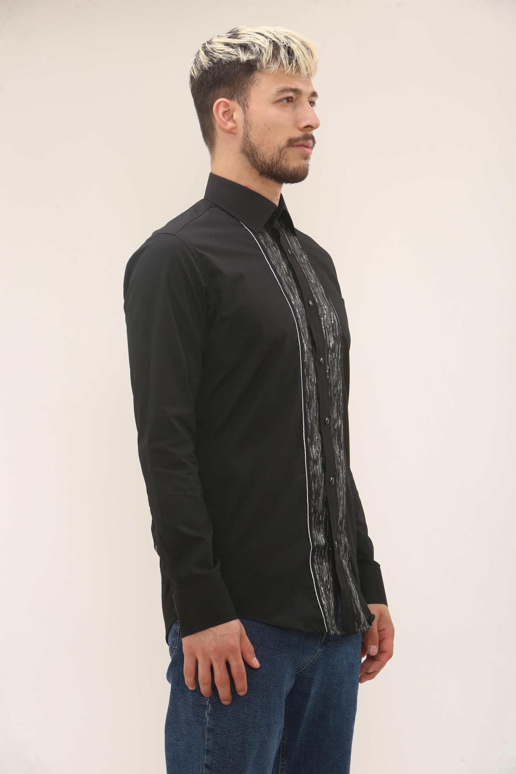Men's Formal Shirt Black Men Designer Great Quality Slim Fit Sequin Party Wedding Night Ceremony