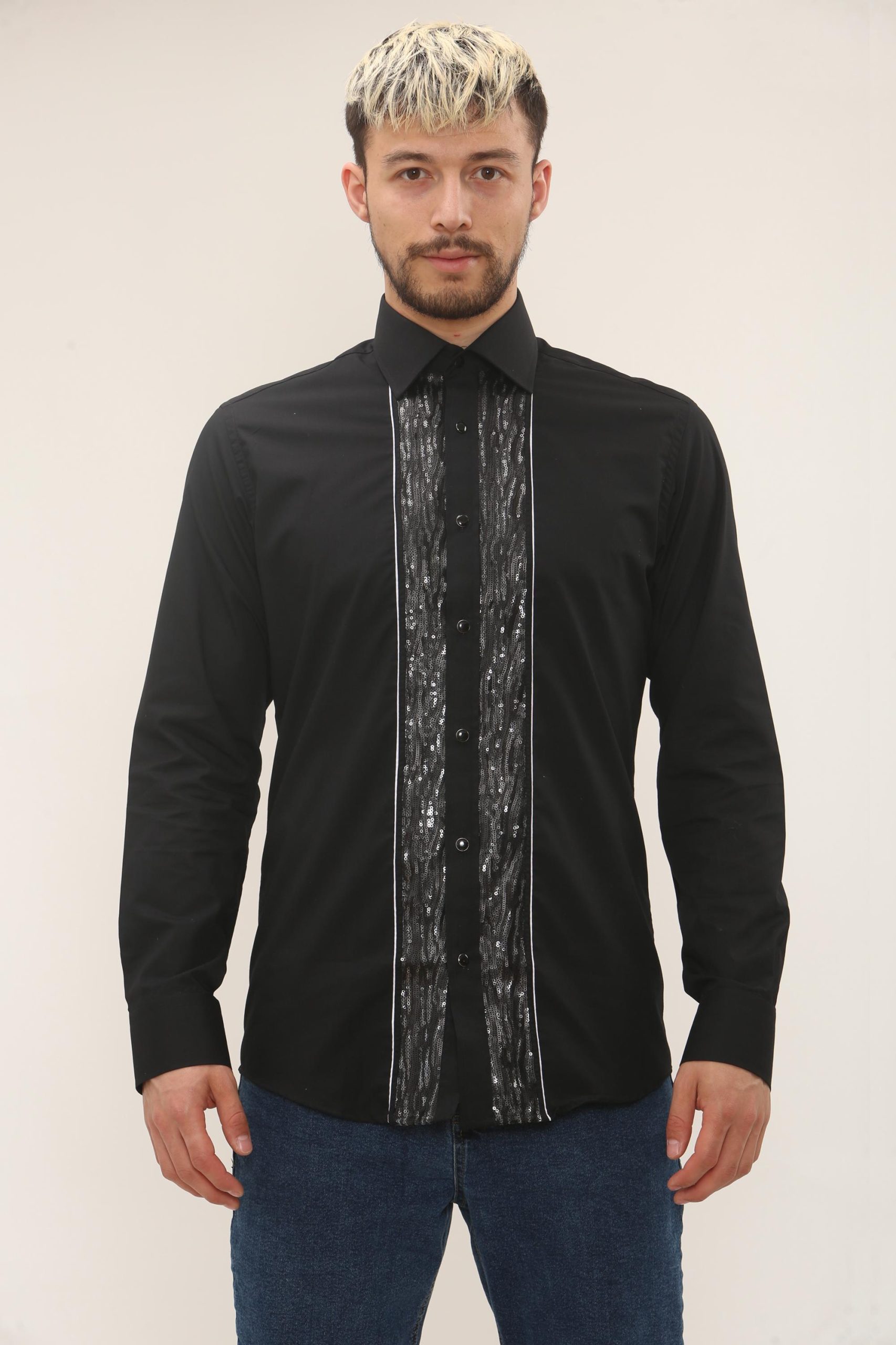 Men's Formal Shirt Black Men Designer Great Quality Slim Fit Sequin Party Wedding Night Ceremony