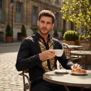 Men's Formal Shirt Black Men Designer Great Quality Slim Fit Sequin Party Wedding Night Ceremony