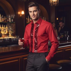 Men's Formal Shirt Men Designer Great Quality Regular Fit Sequin Party Wedding Night Ceremony Red
