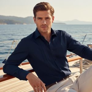 Men Navy Formal Shirt Men Designer Great Quality Slim Fit Party Wedding Night Ceremony