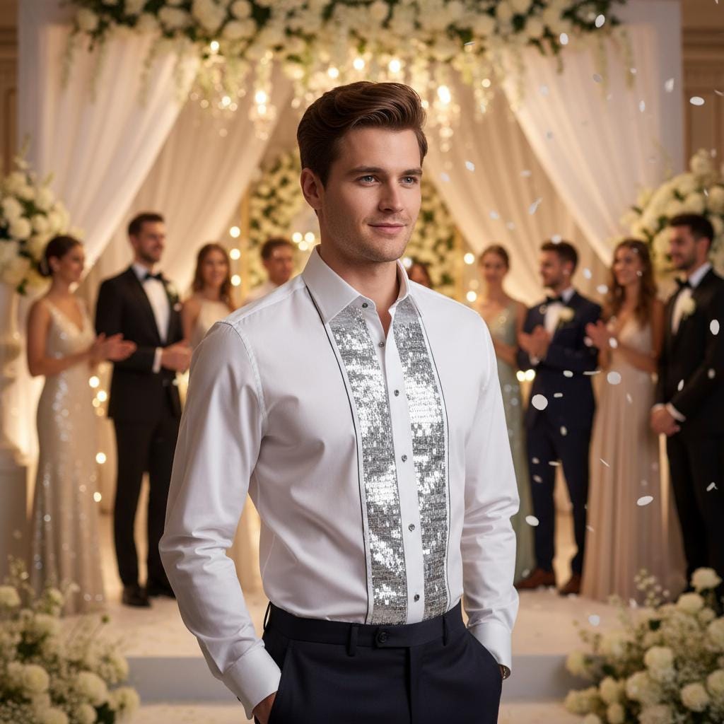 Men's Formal Shirt White Men Designer Great Quality Slim Fit Sequin Party Wedding Night Ceremony