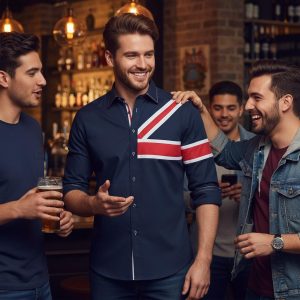 Men's Union Jack Formal Shirt Men Italian Shirt Designer Great Quality Slim Fit Navy