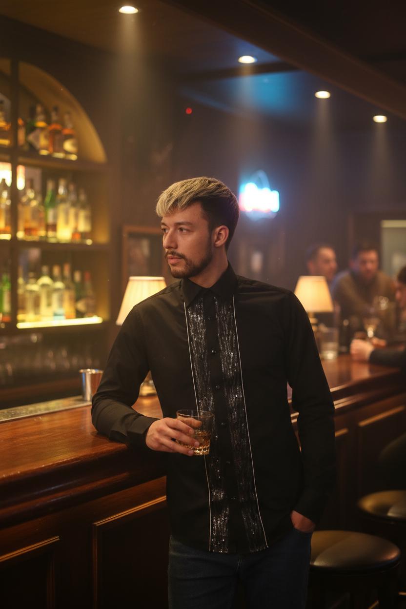 Men's Formal Shirt Black Men Designer Great Quality Slim Fit Sequin Party Wedding Night Ceremony