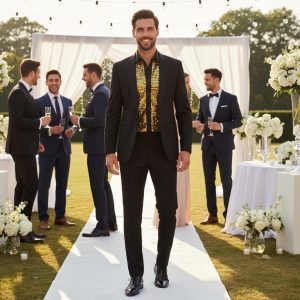Men's Formal Shirt Black Men Designer Great Quality Slim Fit Sequin Party Wedding Night Ceremony