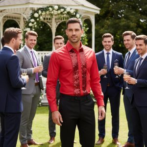 Men's Formal Shirt Men Designer Great Quality Regular Fit Sequin Party Wedding Night Ceremony Red