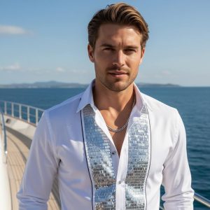Men's Formal Shirt White Men Designer Great Quality Slim Fit Sequin Party Wedding Night Ceremony