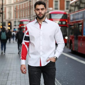Men's Union Jack Formal Shirt Men Italian Shirt Designer Great Quality Slim Fit White 10147