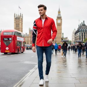 Men's Union Jack Formal Shirt Men Italian Shirt Designer Great Quality Slim Fit Red 10040